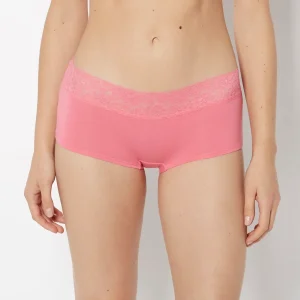 Boyshort Cotton Panty With Lace Trim in Hot Pink