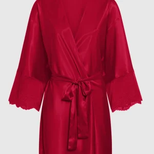 Satin Robe with Lace Trim Sleeve in Cosmo Red