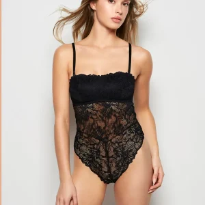 Allover Lace Open Back Bodysuit in Tuxedo Black