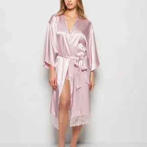Satin Mid Length Robe with Lace in Iced Lilac