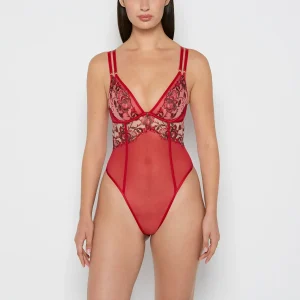 Mesh Bodysuit in Evening Blush with Crimson and Russian Ruby