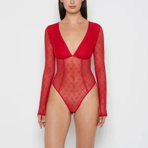 Long Sleeve Mesh Bodysuit in Crimson