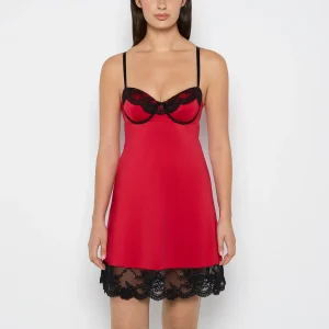 High Shine Microfiber Slip With Opulent Lace in Crimson
