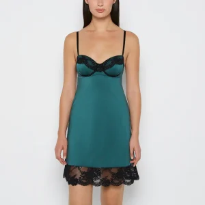 High Shine Microfiber Slip With Opulent Lace in Emerald Green