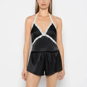 Satin PJ Set With Wicked Lace Trim in Tuxedo Black