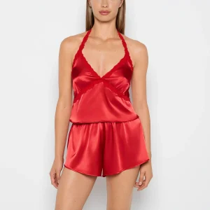 Satin PJ Set With Wicked Lace Trim in Crimson