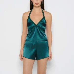 Satin PJ Set With Wicked Lace Trim in Emerald Green