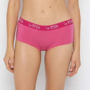 Boyshort Panty with Art Deco Logo in Fuchsia Red Heather