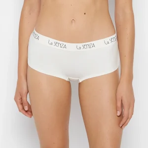 Art Deco Logo Cotton Boyshort Panty in Egret