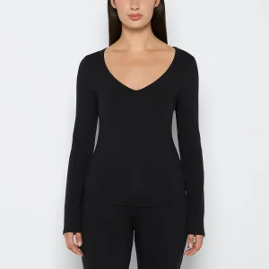 Long sleeve brushed jersey v-Neck top in Tuxedo Black