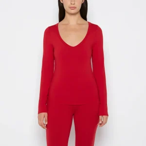Long sleeve brushed jersey v-Neck top in Crimson
