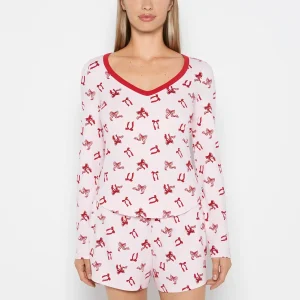 Long sleeve brushed jersey v-Neck top in Big Sweet Bows