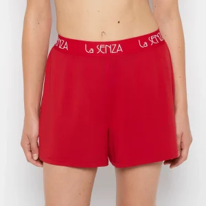 Brush Jersey Shorts with art deco logo in Crimson