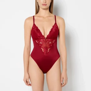 Removable Pad Bodysuit with Romantic lace and Microfiber in Plum Rose