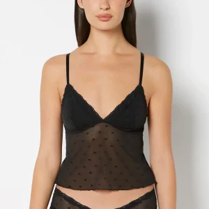 Cami With Heart Mesh And Lace Trim in Tuxedo Black