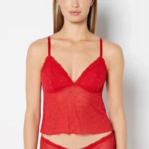 Cami With Heart Mesh And Lace Trim in Crimson
