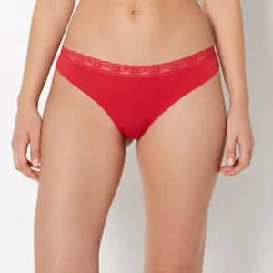 Ultrasoft Modal Cheeky Thong Panty with Lace Trim in Crimson