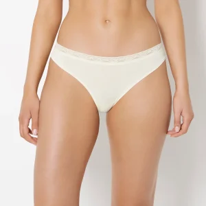 Ultrasoft Modal Cheeky Thong Panty with Lace Trim In Lemon Icing