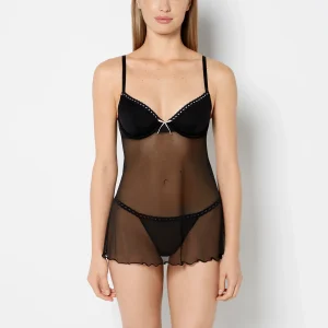 Unlined Demi Mesh Babydoll with Ribbon Detailing in Tuxedo Black