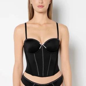 Lightly Lined Microfiber Bustier with Ribbon Detailing in Tuxedo Black