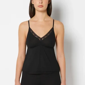 Casual Sleep Ribbed V Neck Tank With Lace Trim in Tuxedo Black