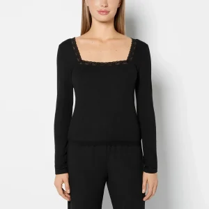 Casual Sleep Ribbed Long Sleeve Top With Lace Trim in Tuxedo Black