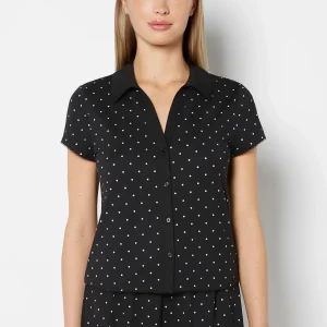Casual Sleep Jersey Button Up Short Sleeve Top with Picot Trim in Tiny Dot