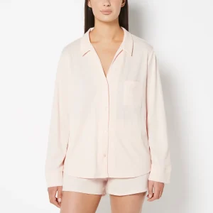 Casual Sleep Textured Knit Long Sleeve Button Down in Pearl Blush