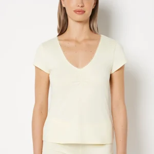 Casual Sleep Jersey V Neck Top With Picot Trim in Lemon Icing