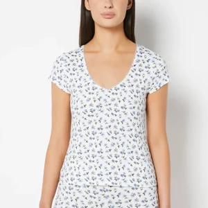 Casual Sleep Jersey V Neck Top With Picot Trim in Breezy Mid Floral