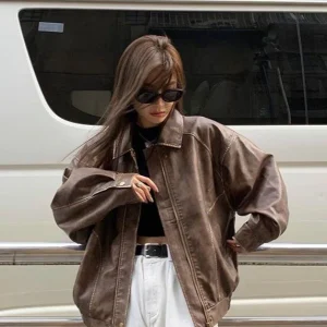 Nova | Veste Oversize en Simili Cuir Marron – Style Streetwear Vintage