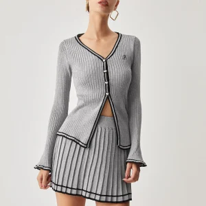 Léontine | Ensemble Cardigan Côtelé et Jupe Plissée Élégante