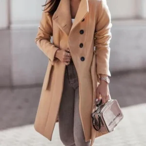 Manteau Long en Mélange de Laine pour Femmes avec Ceinture et Col Revers