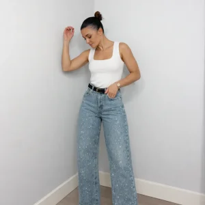 Nacira | Jean Femme Droit Taille Haute avec Détails en Sequins