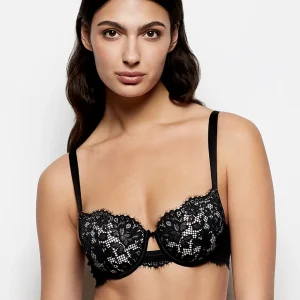 Lightly Lined Balconette Bra with Lace in Black