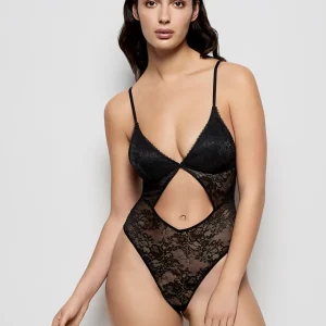 Unlined Lace Bodysuit with Cutout in Black