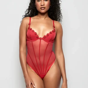 Unlined Mesh Bodysuit with Rosettes in Cosmo Red