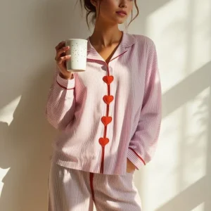 Élodine | Ensemble de Pyjama Femme Deux Pièces Confortable à Motif Cœurs et Boutons