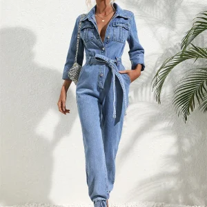 Manon | Combinaison en Denim Ceinturée à Manches Longues