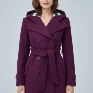 Hermione | Manteau en Laine avec Capuche, Double Boutonnage et Taille Ceinturée