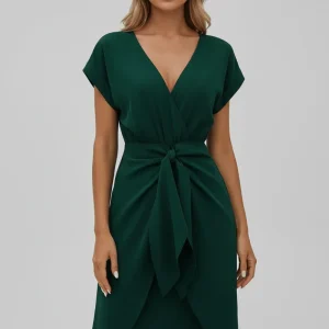 Jolene | Robe Midi Élégante à Décolleté en V – Vert Émeraude