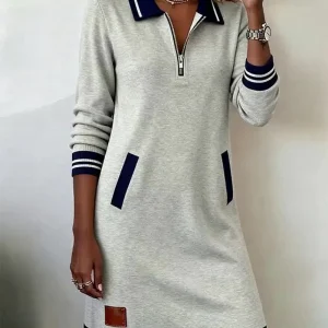 Robe à Manches Longues avec Fermeture Éclair et Col Revers