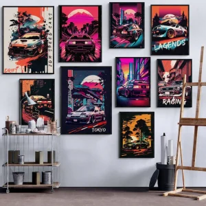 9-Piece Tokyo Street Racing JDM Car Poster Set for Boys' Bedroom Wall Art